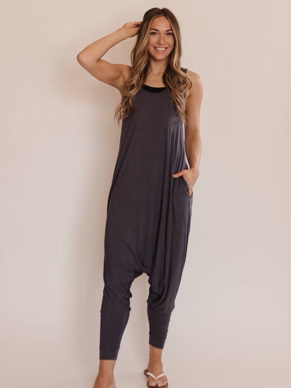 Momper Romper Sleeveless Charcoal Harem Jumpsuit Romper with Pockets Size S
